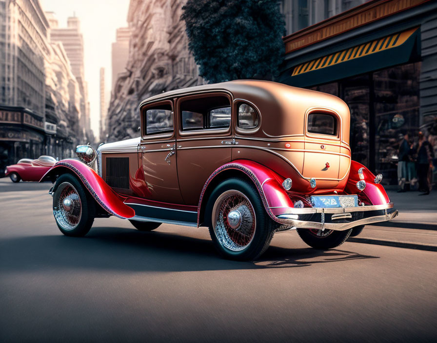 Vintage brown and pink classic car with chrome detailing on city street