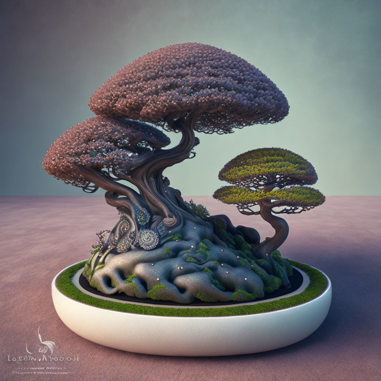 Fantasy 3D-rendered bonsai tree with mushroom-like canopies in white pot