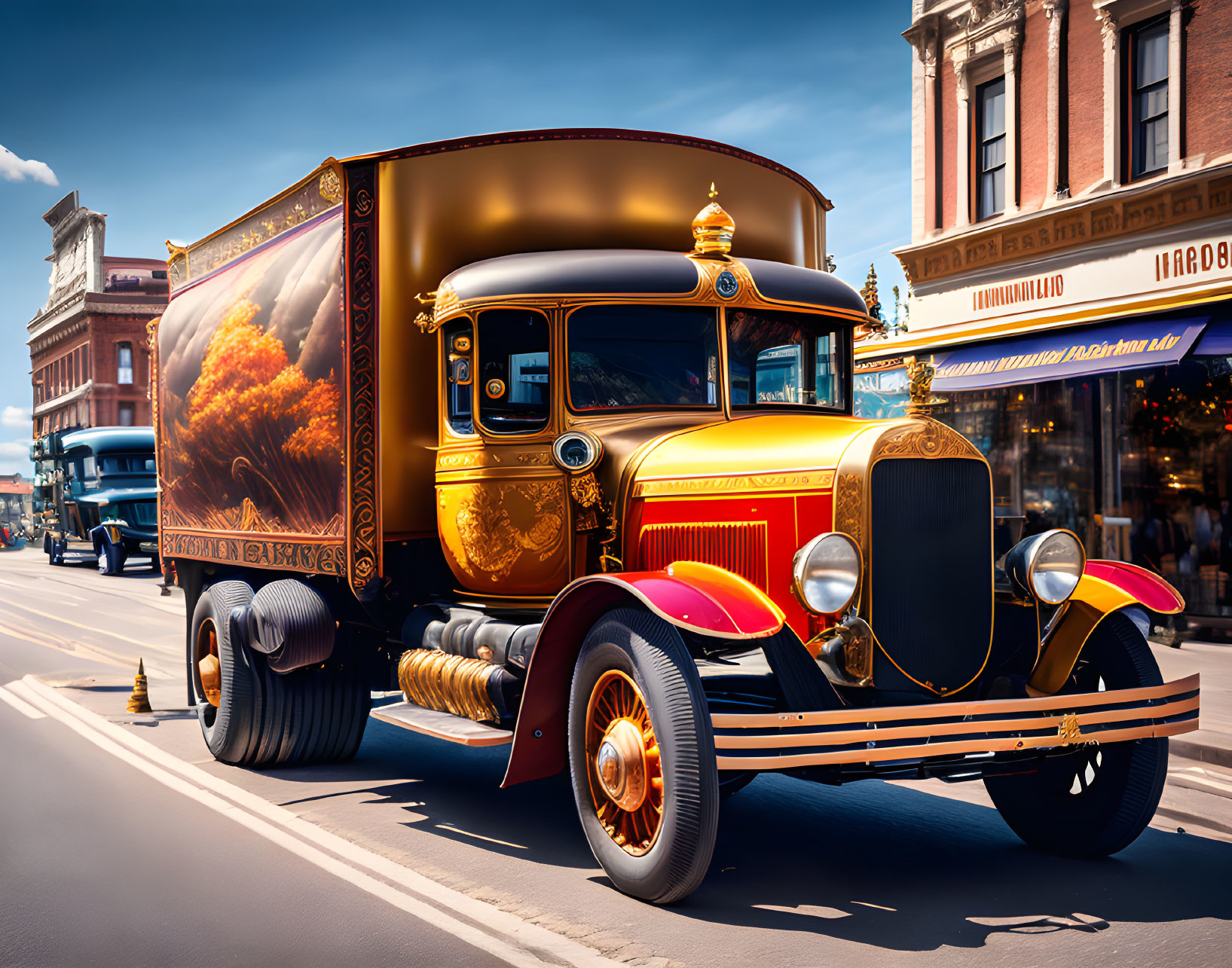 Vintage Yellow and Red Truck with Gold Accents on Sunny Street