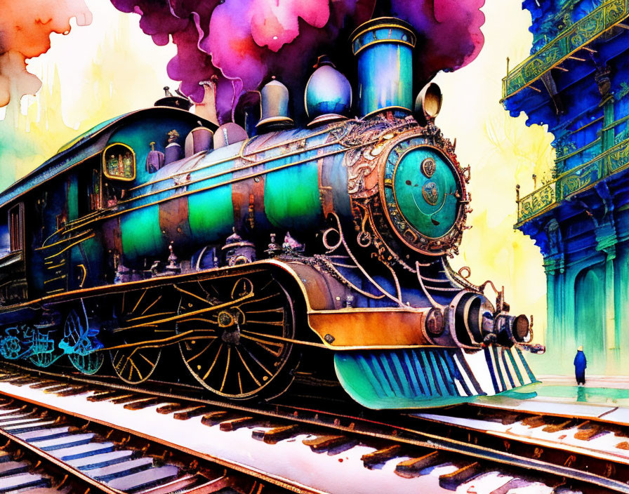 Colorful illustration of old-fashioned steam train emitting purple smoke on tracks.