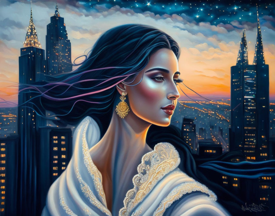 Detailed digital portrait of woman with flowing hair in cityscape.