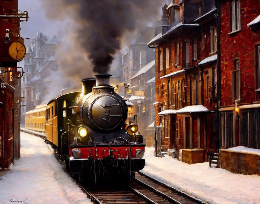 Vintage steam train departs snowy station at dusk