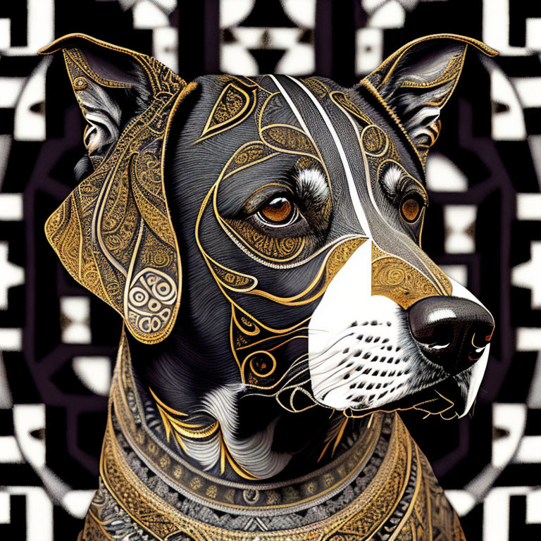 Detailed Dog Illustration with Patterned Gold, Black, and White Fur on Geometric Background