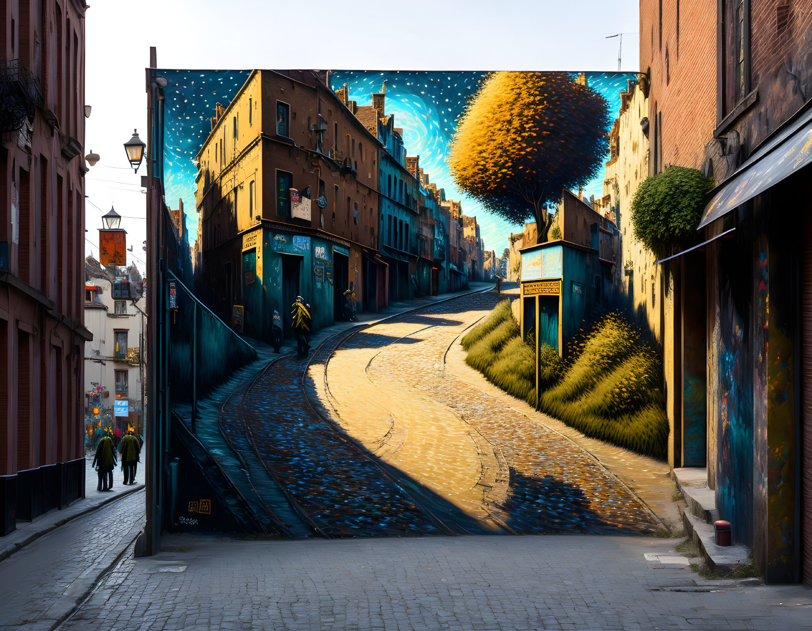 Vibrant surreal townscape mural on street corner