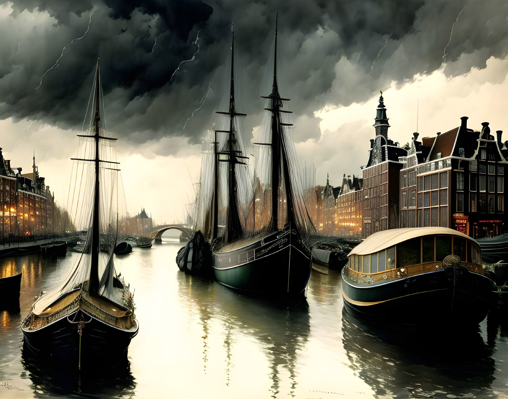 Historic tall ships in stormy harbor with European buildings and dark clouds