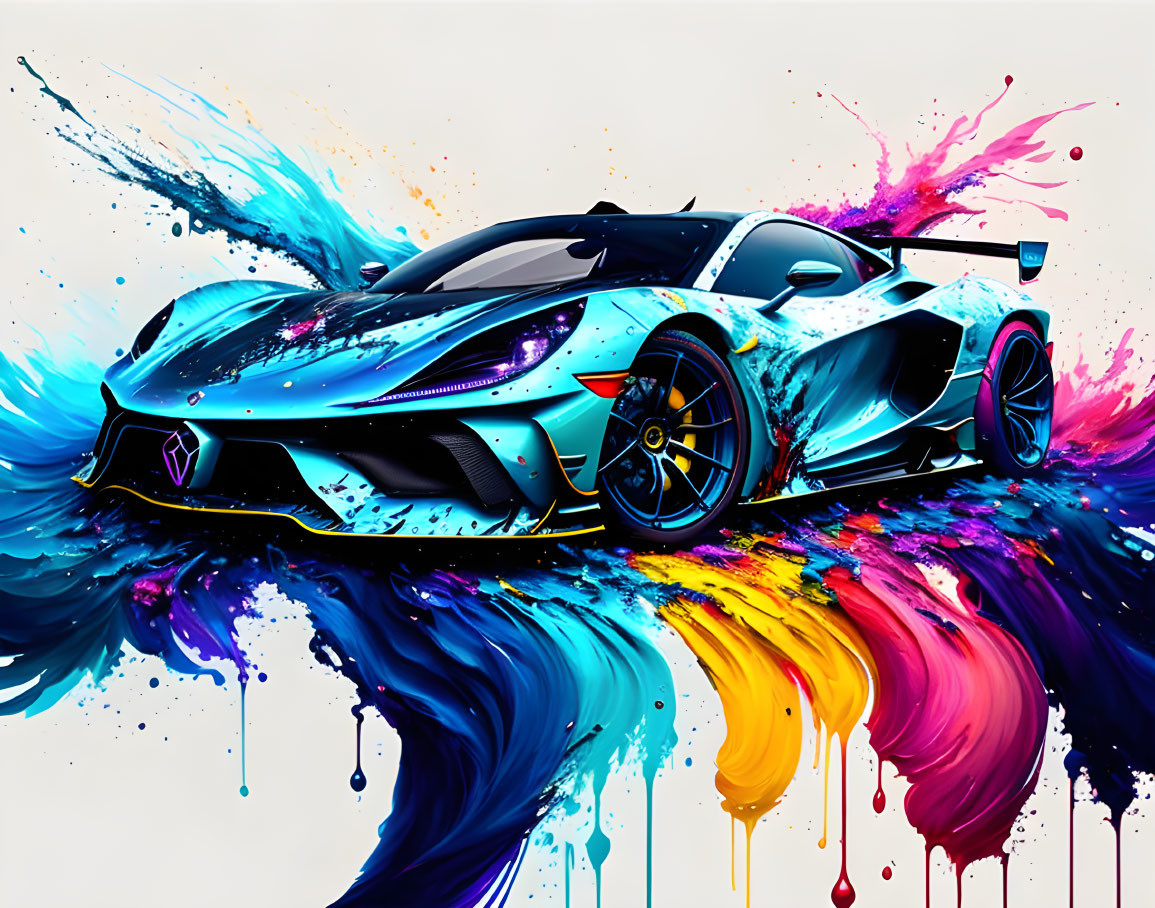 Colorful splatter paint effect on sleek sports car on white background