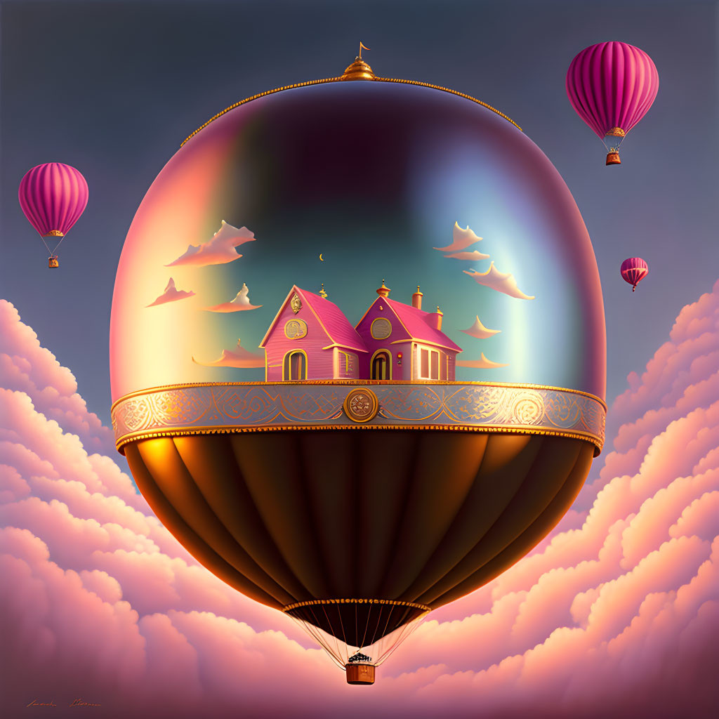 Golden hot air balloon with house, clouds, balloons, and birds in pink sky