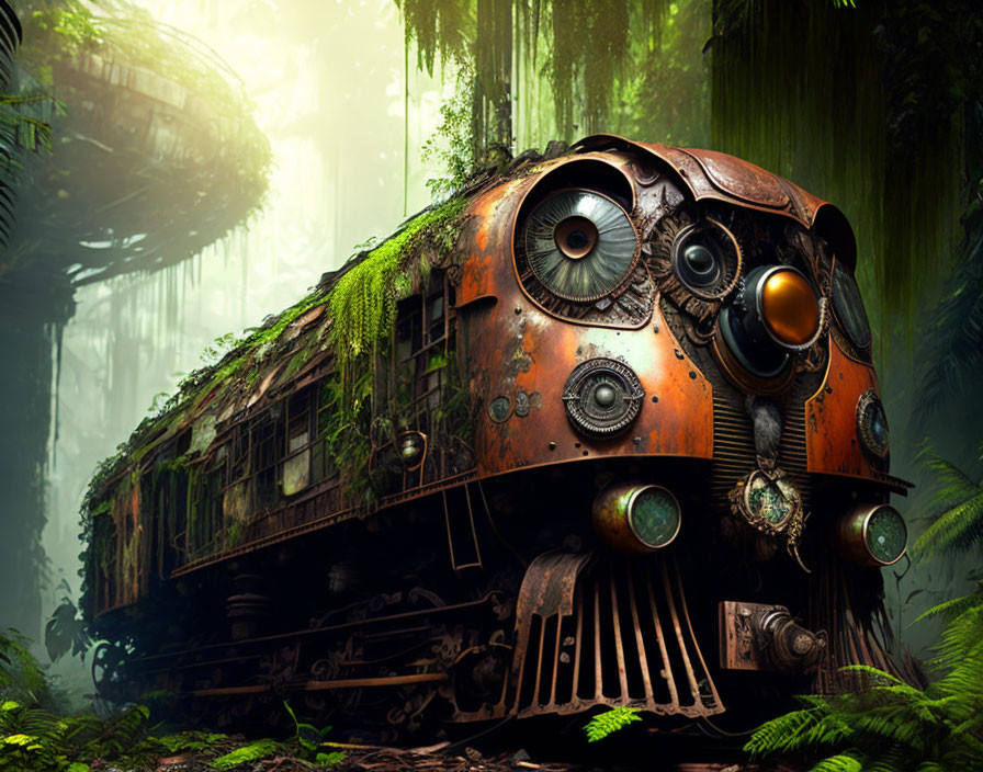 Rusted locomotive in sunlit forest with moss and vines