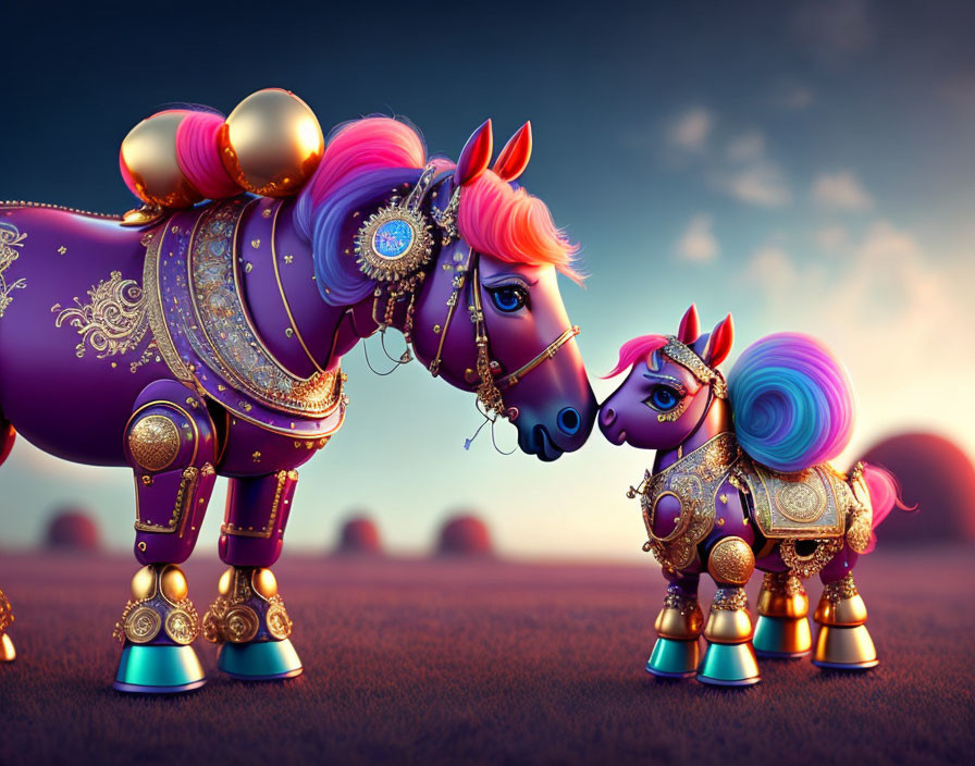 Ornamental stylized horses with pastel manes in dreamy dusk landscape