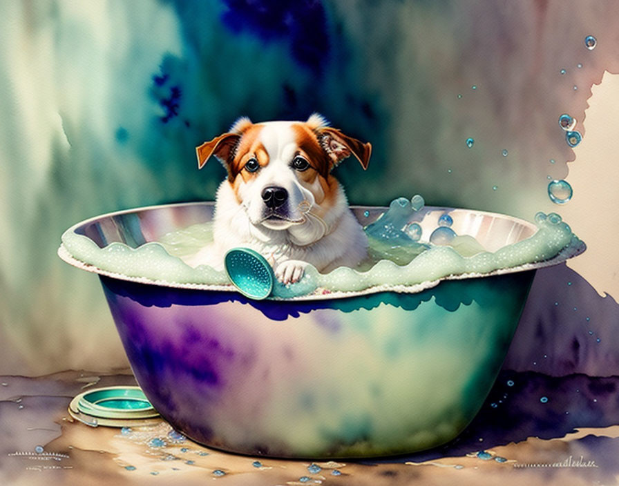 Colorful Bathtub Scene with Dog and Shower Scrub in Soapy Water