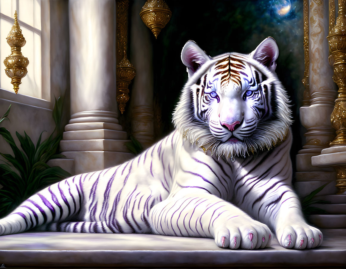 White tiger with blue eyes on palace balcony with columns and golden lamps