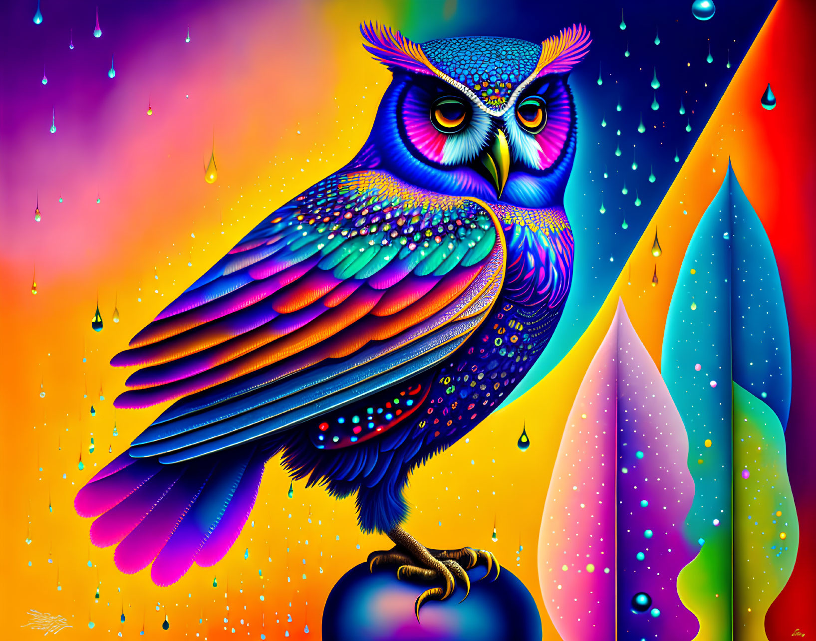 Colorful Owl Artwork with Psychedelic Background and Raindrops