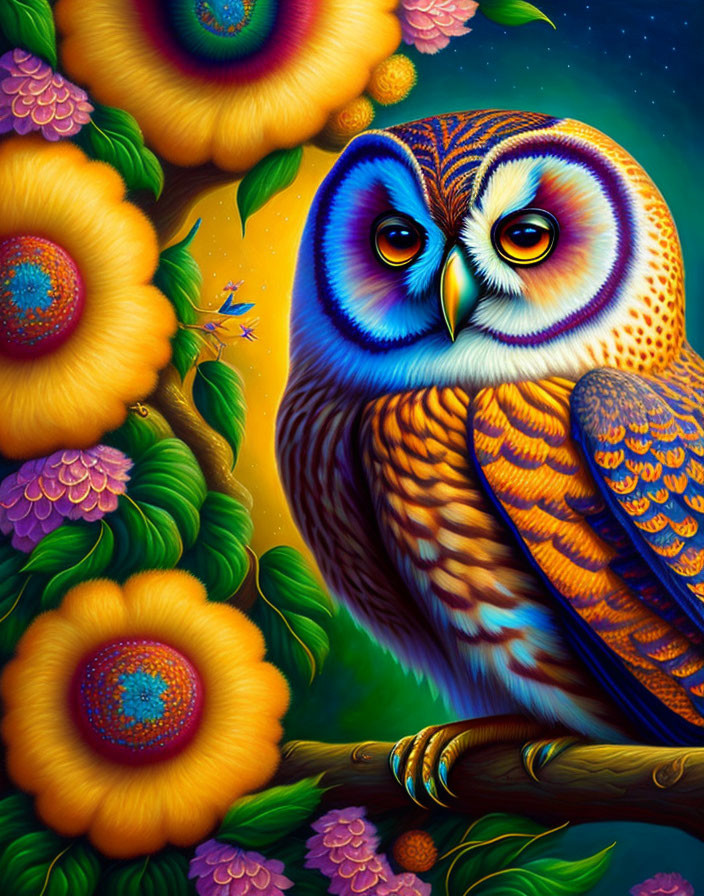 Colorful Owl Illustration on Branch with Exaggerated Eyes Amid Flowers and Starry Sky