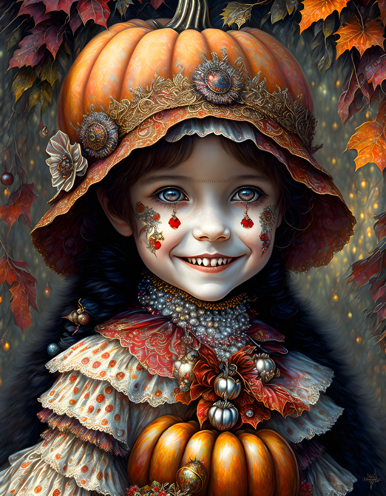 Young girl digital painting with pumpkin hat and autumn attire.