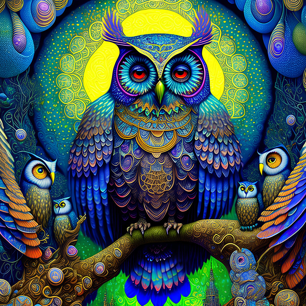 Colorful Ornate Owl Illustration with Moonlit Night Background