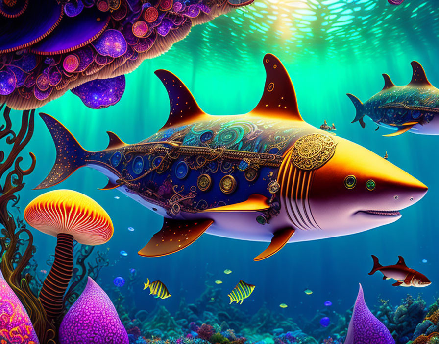 Colorful underwater scene with mechanical sharks, coral, fish, and marine life in a fantastical ocean