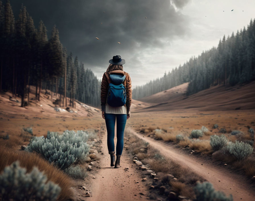 Hiker walking on forest path under dramatic sky