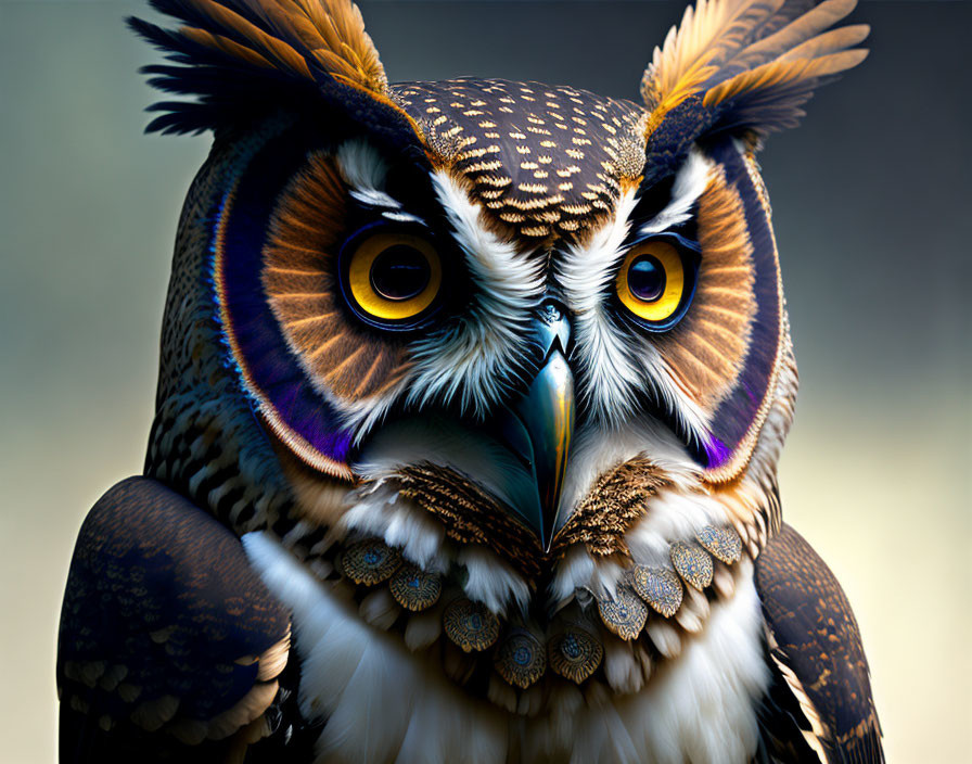 Vividly colored owl with yellow eyes and detailed feathers on soft-focus background