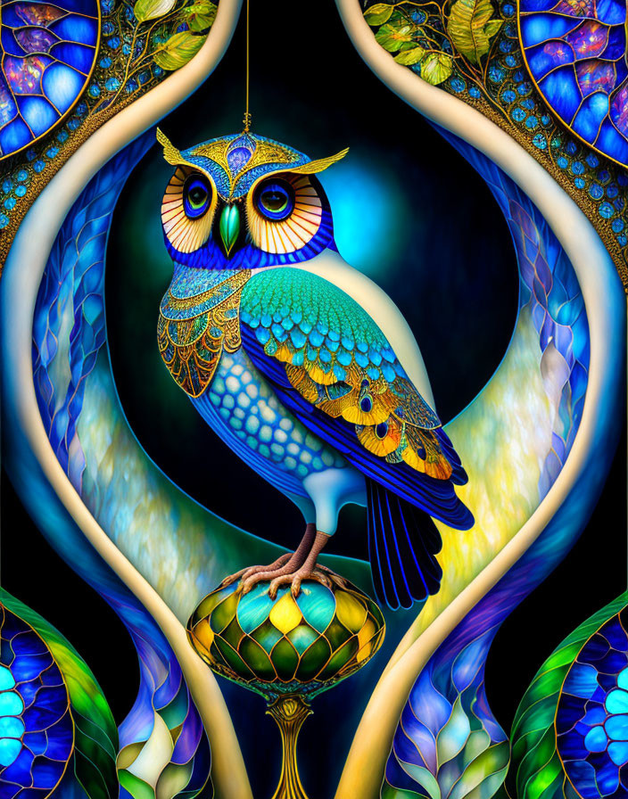 Colorful Stylized Owl Artwork with Mosaic Background