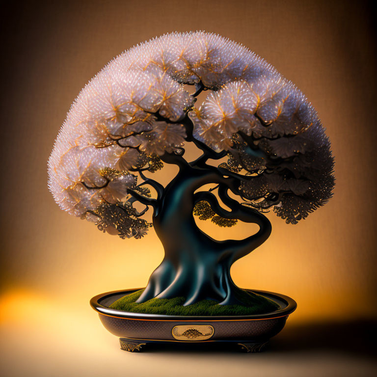 Lush coral-like bonsai tree in classic dish on warm gradient background