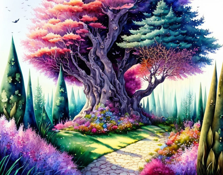 Colorful Fantasy Landscape with Cobblestone Path & Whimsical Trees