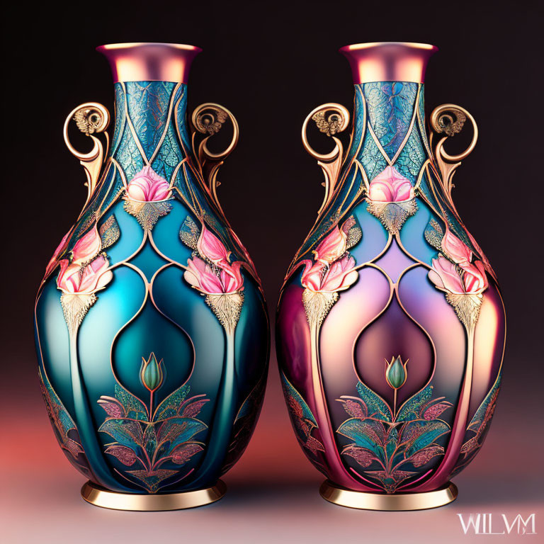 Ornate vases with floral patterns in blue, pink, and gold on gradient background