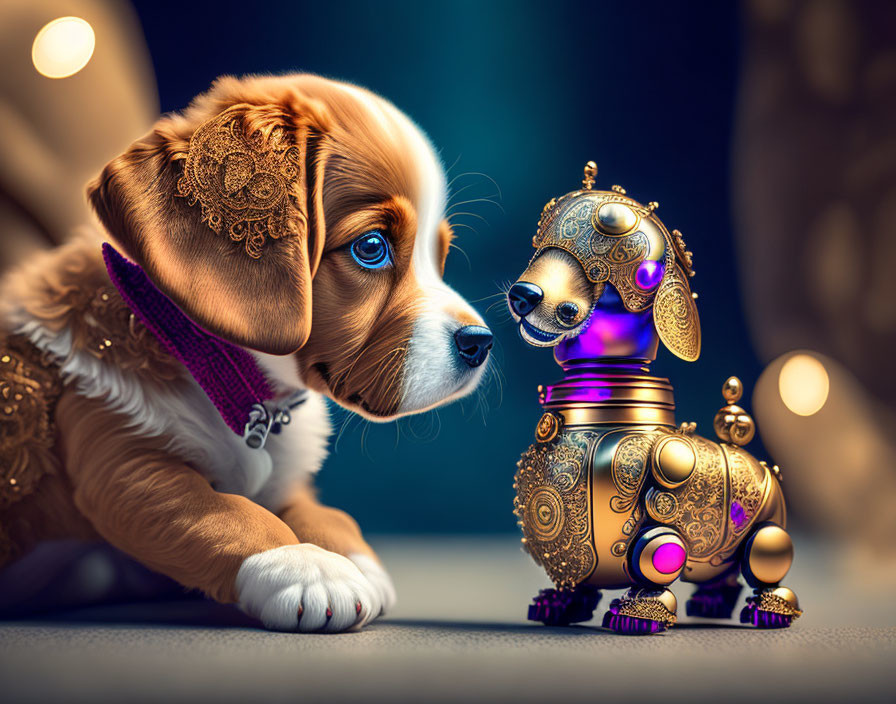 Curious puppy observing golden steampunk robotic dog