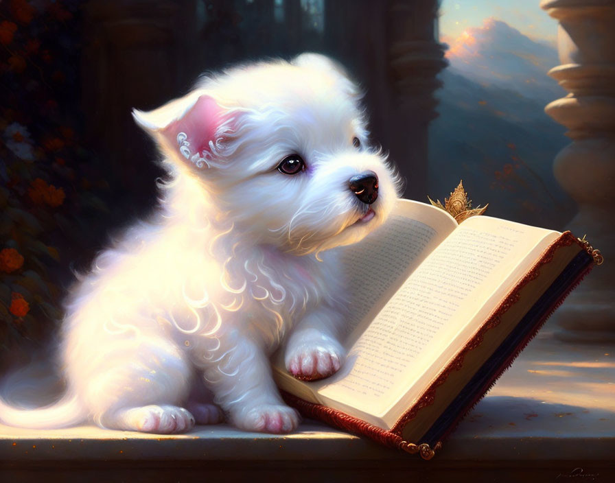 Fluffy white puppy beside open book with golden bookmark