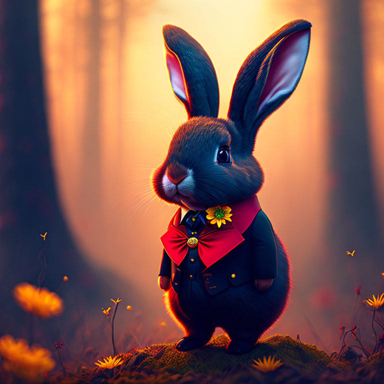 Anthropomorphic rabbit in red jacket in enchanted forest