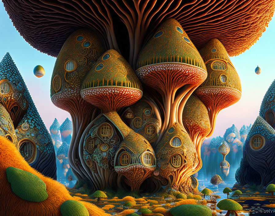 Fantastical landscape with mushroom-like structures and spherical objects