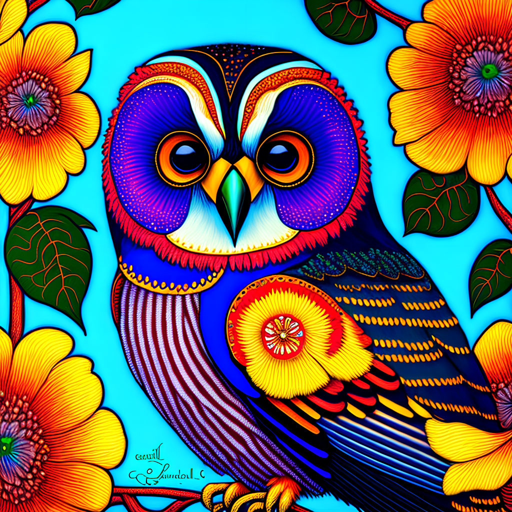 Colorful Stylized Owl Illustration with Floral Surroundings