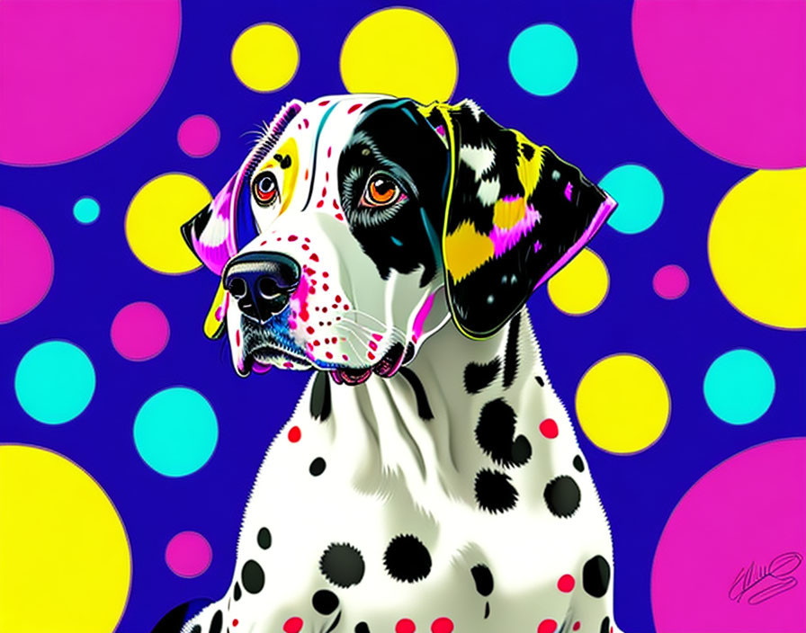 Colorful Digital Artwork: Dalmatian Dog with Pink Bow on Blue Background