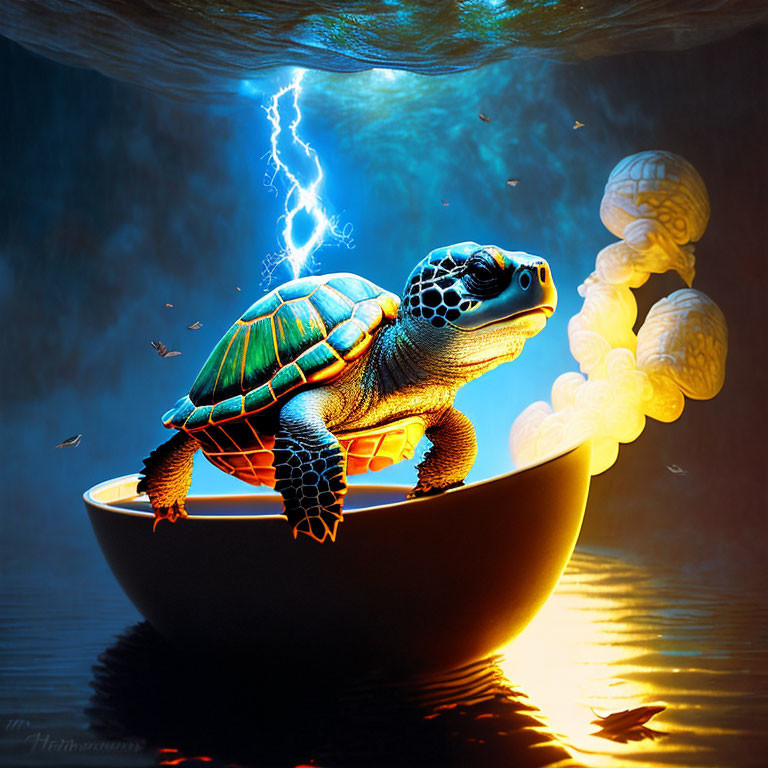 Turtle floating in bowl under stormy sky with surreal glow and lightning.