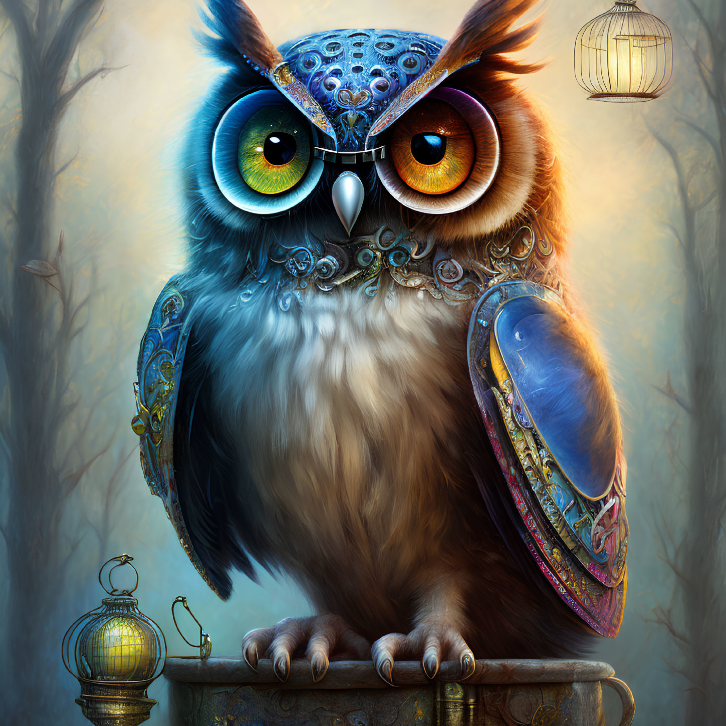 Colorful Steampunk Owl with Mechanical Features on Branch Among Lanterns