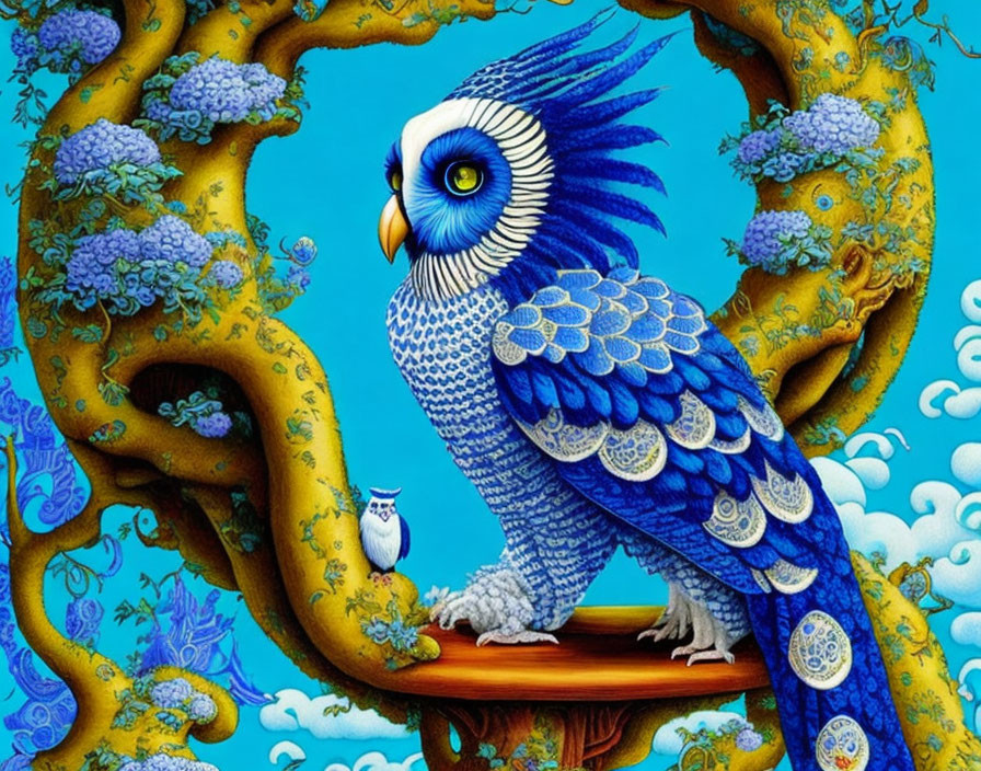 Colorful Digital Art: Fantastical Blue Parrot Perched on Branch with Floral Background