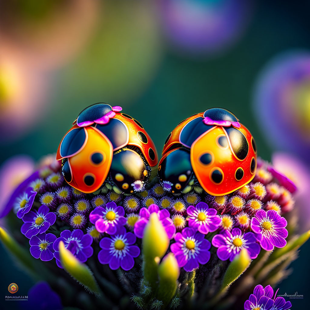 Vibrant ladybugs on purple flowerbed with soft green background