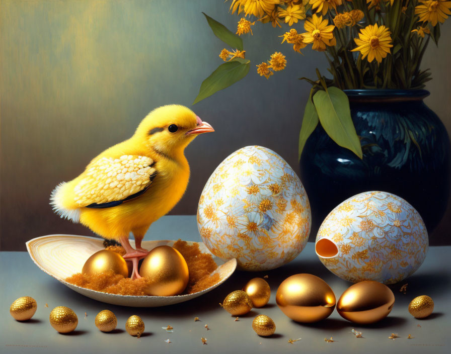 Chick with decorated eggs, gold speckled eggs, and yellow flowers in vase