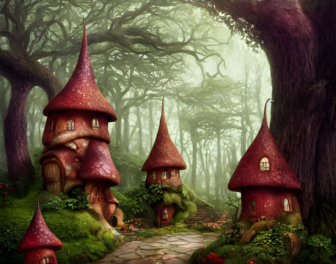 Magical forest with mushroom houses, cobblestone path, and misty ancient trees