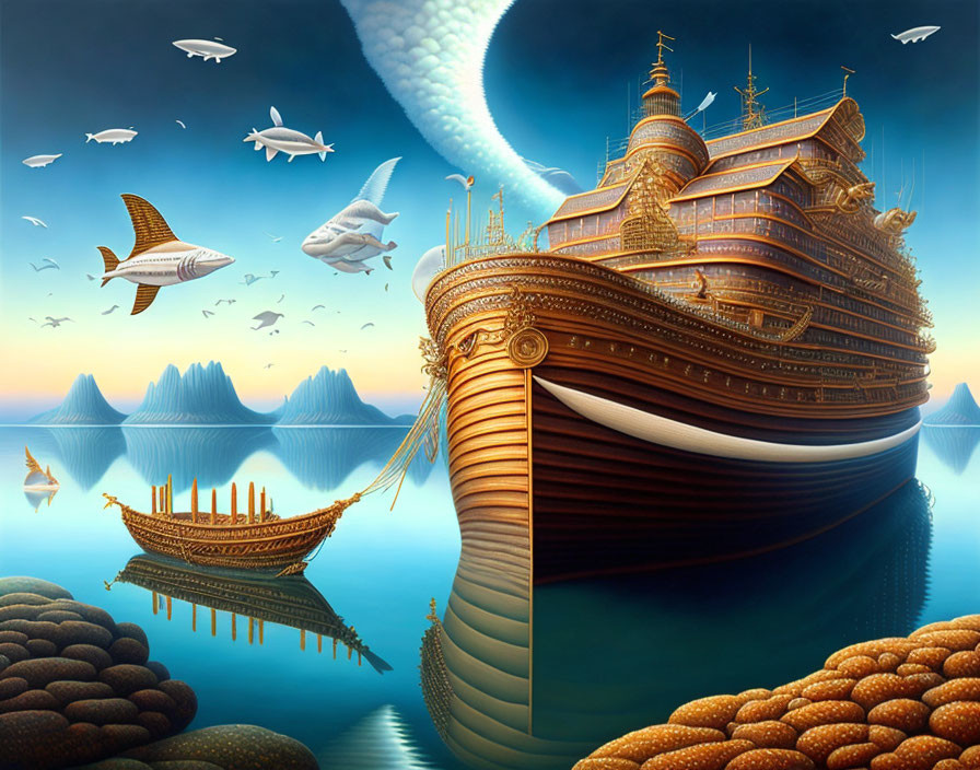 Fantastical image of a wooden ship on calm waters surrounded by flying fish