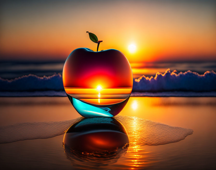 Translucent apple with leaf on beach reflecting sunset over ocean