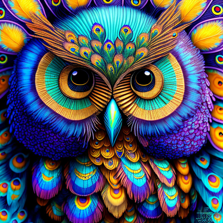Colorful Owl Illustration with Intricate Patterns and Peacock Feather-like Designs