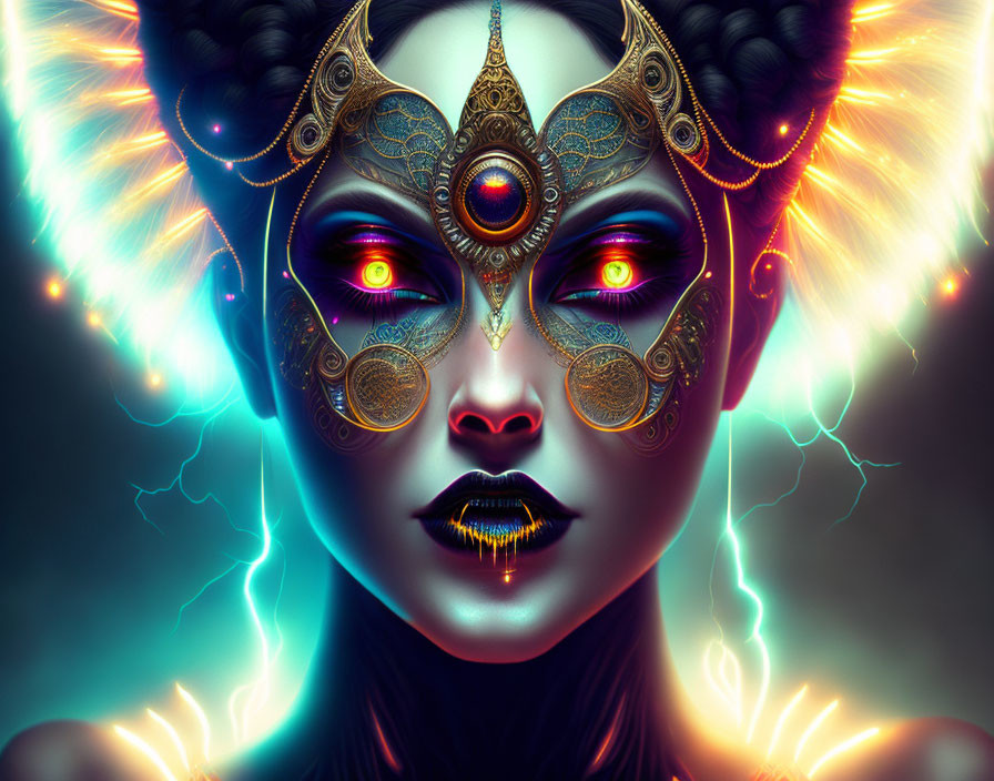 Surreal portrait featuring ornate golden headgear and glowing red eyes