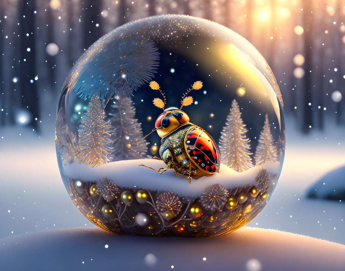 Snow Globe with Ladybug in Winter Landscape and Falling Snowflakes