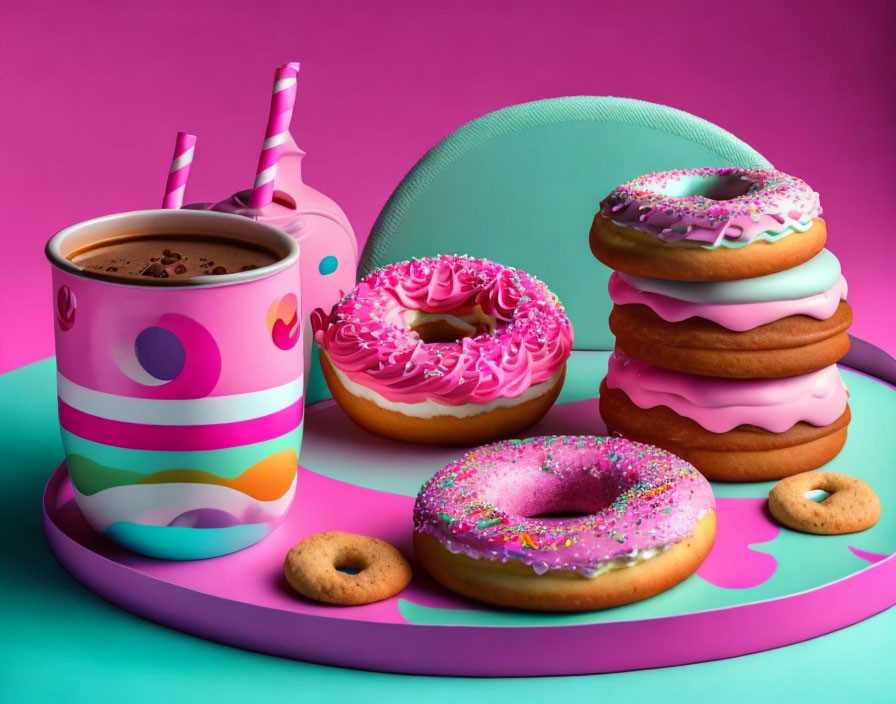 Vibrant hot chocolate cup with donuts and cookies on colorful backdrop