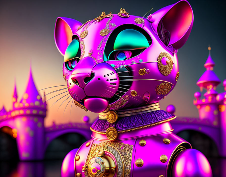 Colorful Robotic Cat in Regal Attire with Castle Backdrop