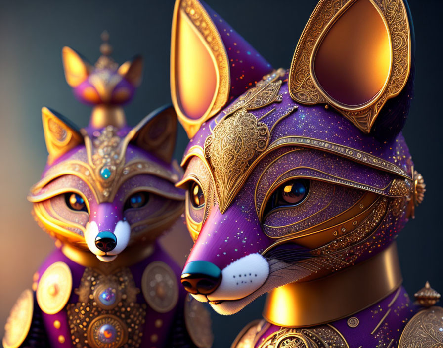 Ornate anthropomorphic fox figures with golden embellishments and purple hues on soft-focus background