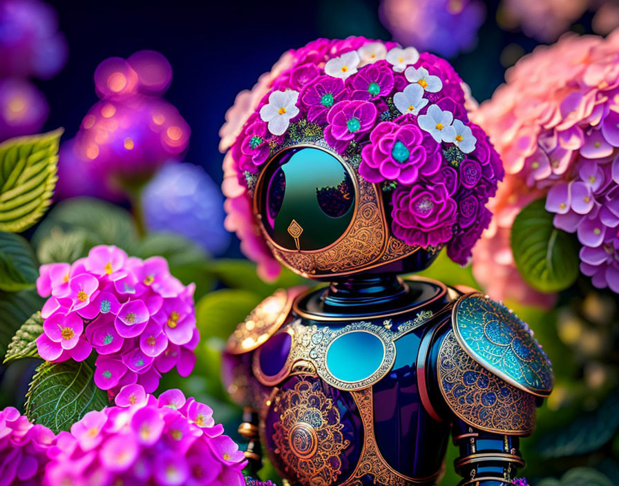 Colorful spherical robot with floral patterns among hydrangea flowers