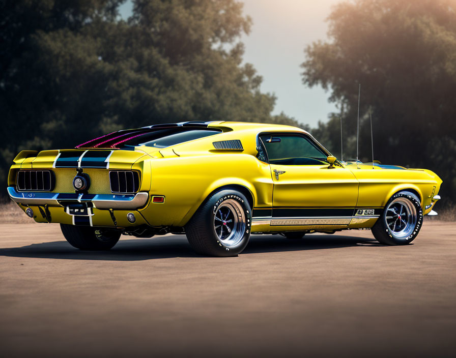 Yellow Ford Mustang with Black Racing Stripes and Mach 1 Design in Hazy Sunshine