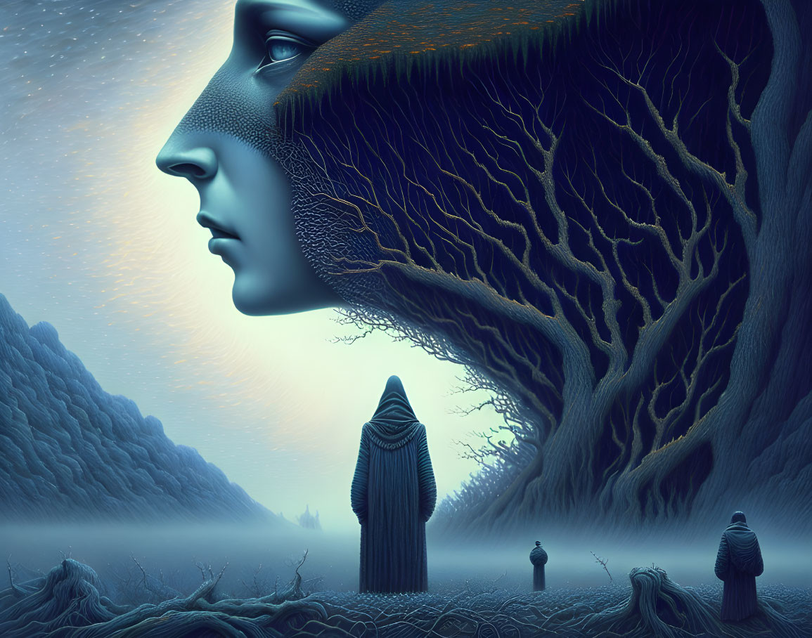 Surreal landscape with giant face in tree, cloaked figures, and blue ambiance