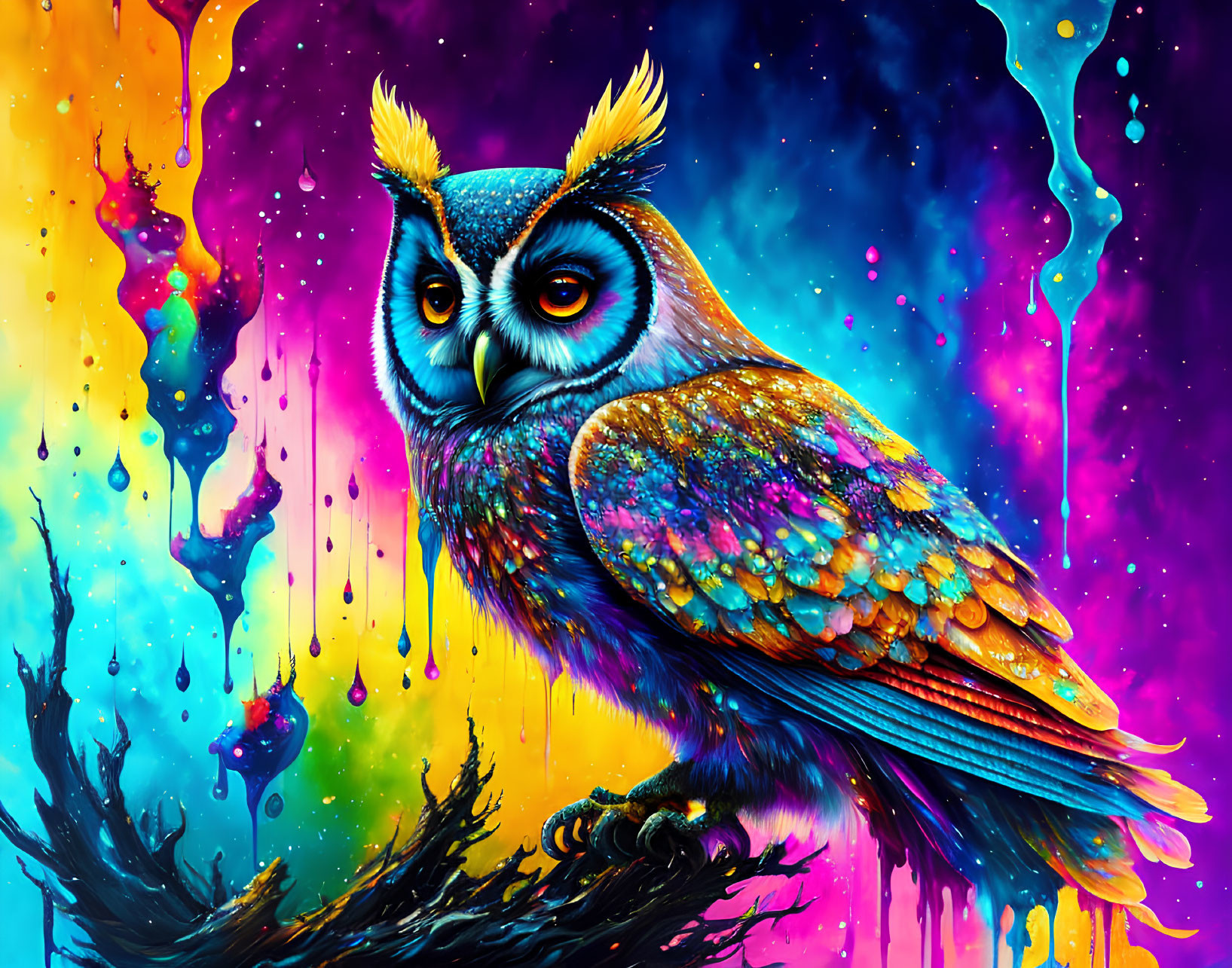 Colorful Owl Illustration with Psychedelic Blues, Oranges, and Purples
